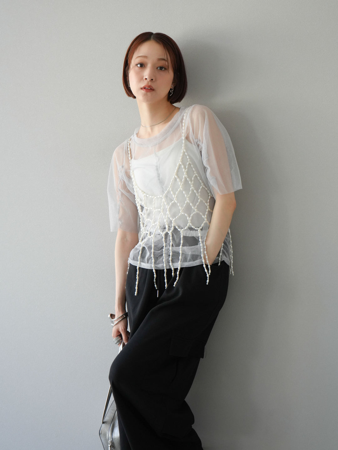 [SET]ラメチュールシャーリングプルオーバー+パールフリンジビスチェ(2set)