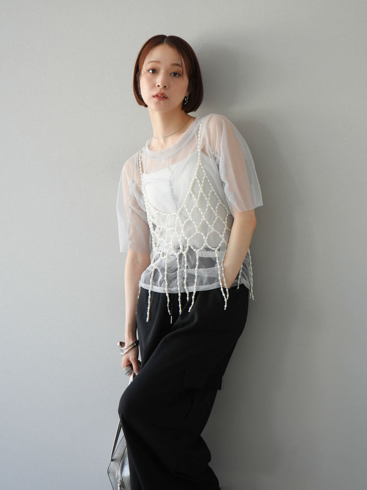 [SET]ラメチュールシャーリングプルオーバー+パールフリンジビスチェ(2set)