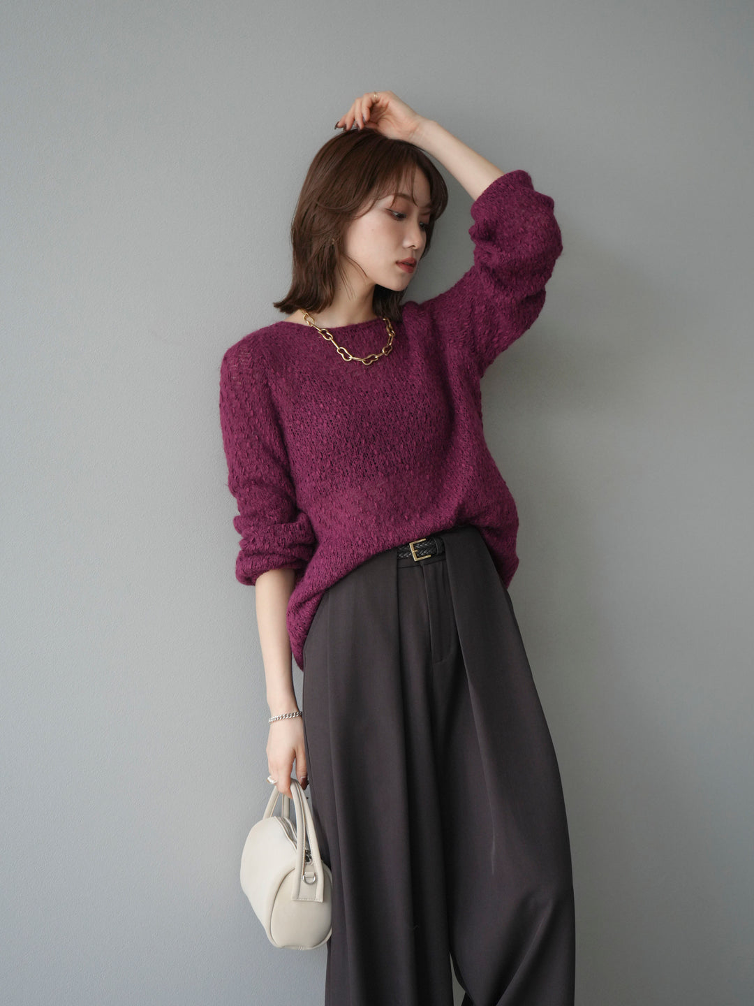 【着回しセット】[SET]求心柄クロップドニットカーディガン+異素材ミックスヤーンニットプルオーバー+ベルトループデザインワイドパンツ(3set)