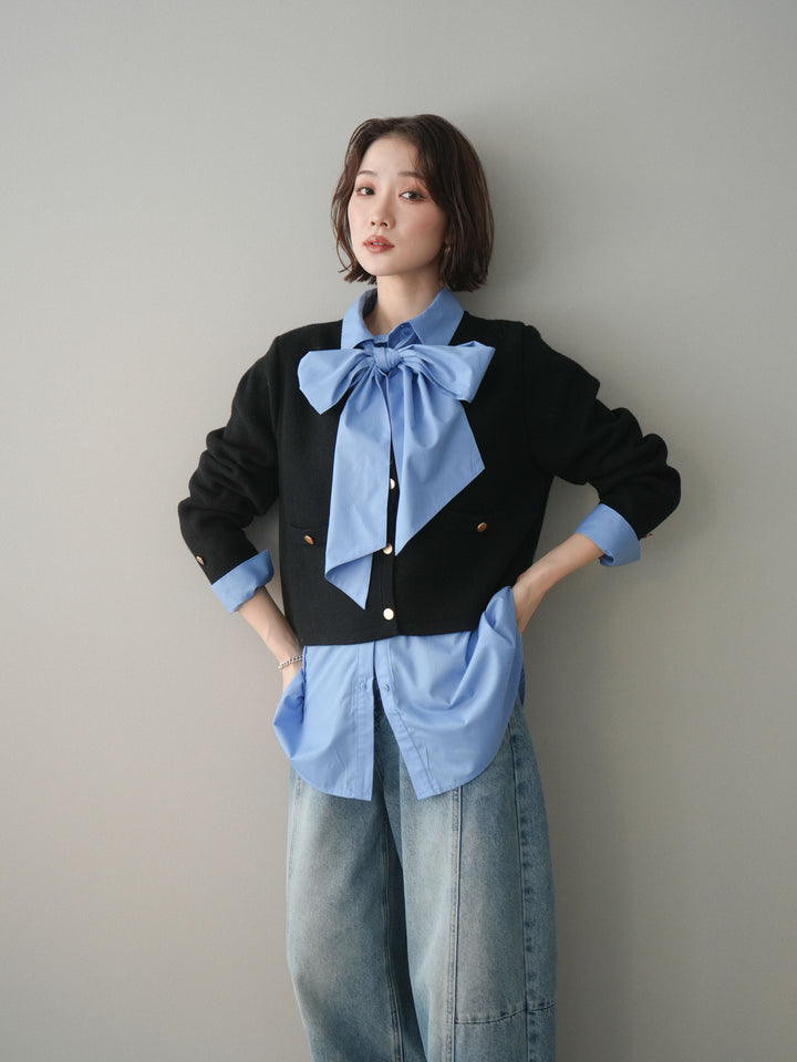 [SET]ゴールドボタンノーカラーニットジャケット+ゴールドボタンノーカラーニットジャケット(2set)