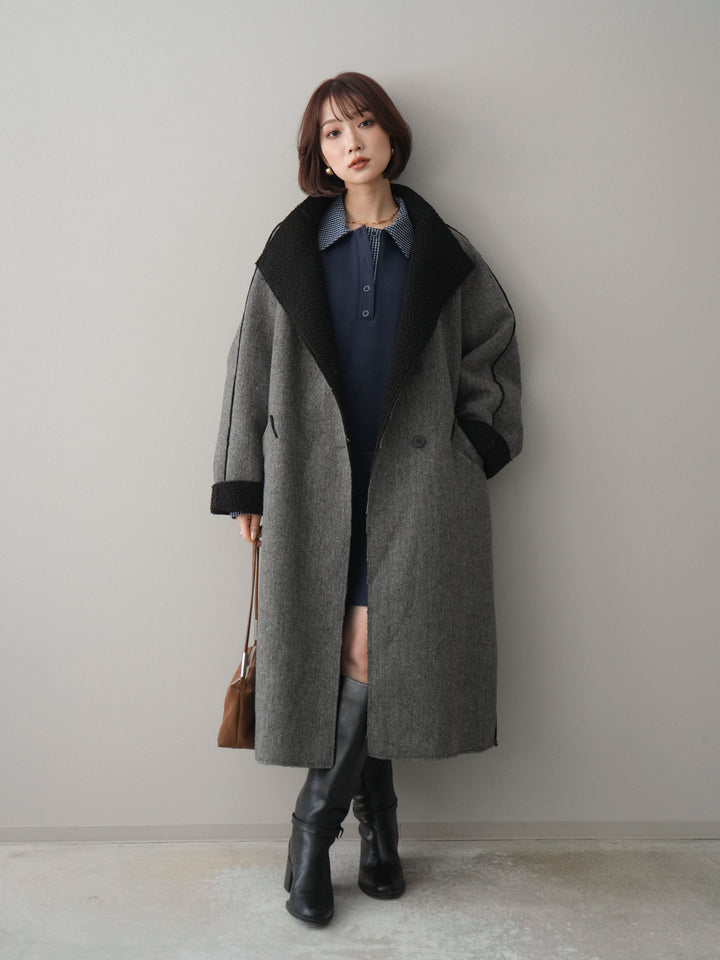 [SET]チェック襟xスエットミニワンピース+アウトシーム裏ボアコート(2set)