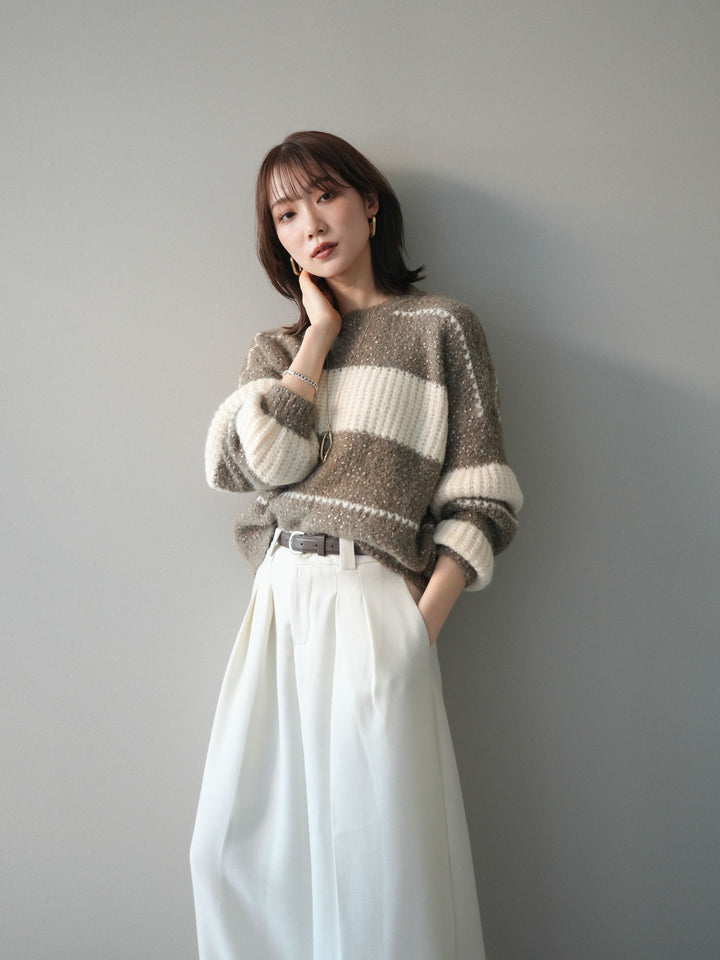 [SET]ネップヤーンボーダーニットプルオーバー+ウールタッチベルト付ワイドパンツ(2set)