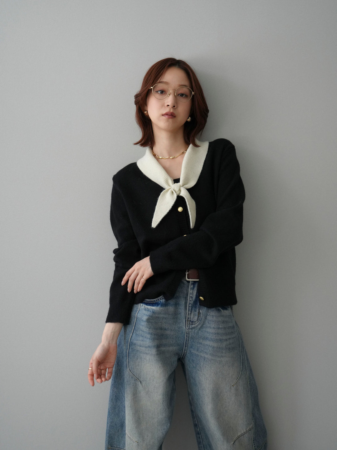 [SET]デザイン襟ニットカーディガン+ベルト付カーブデニムパンツ(2set)