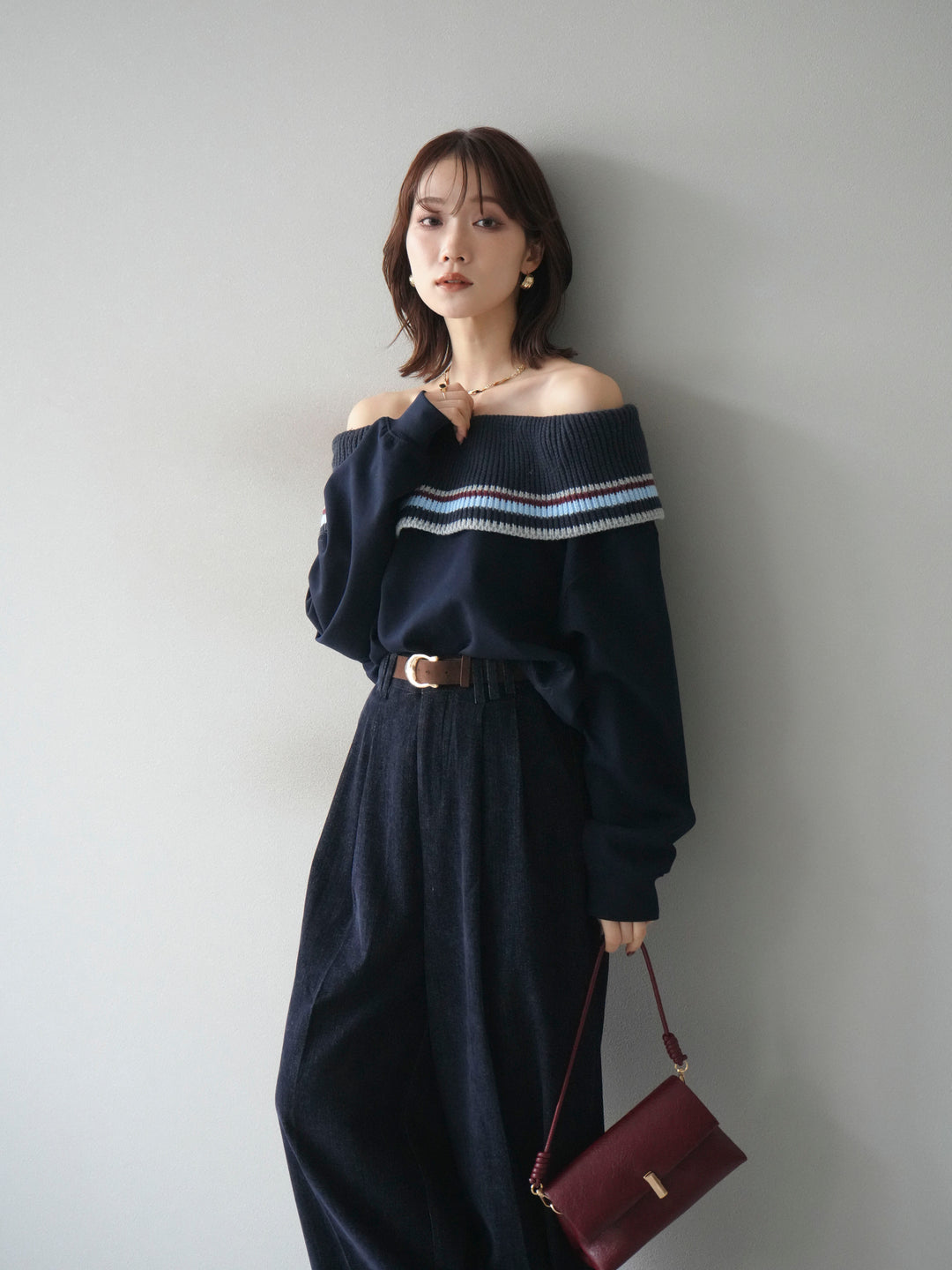 [予約]ボーダーニットオフショルダーxスウェットプルオーバー/navy