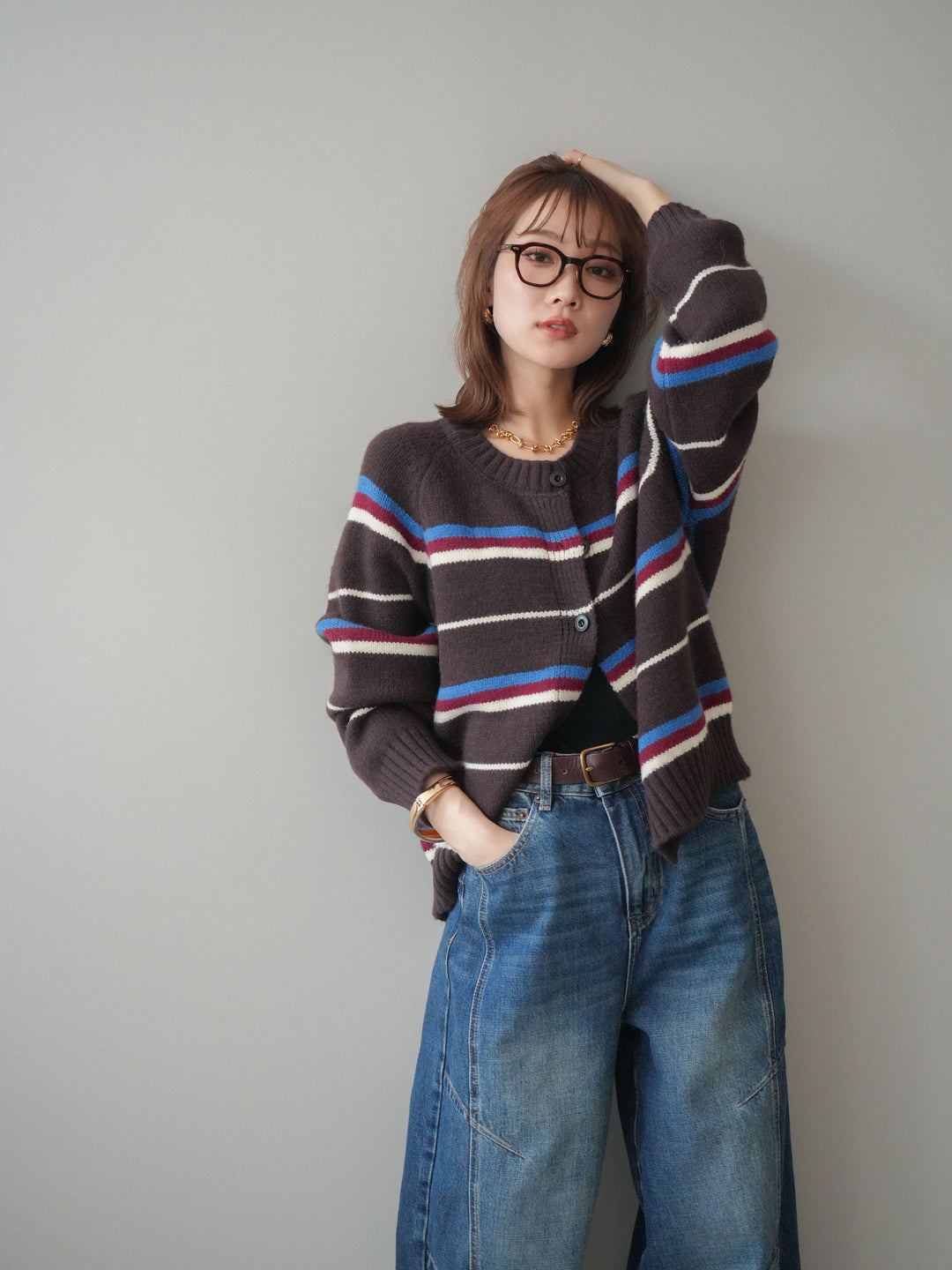 [予約]ランダムボーダーニットカーディガン/brown