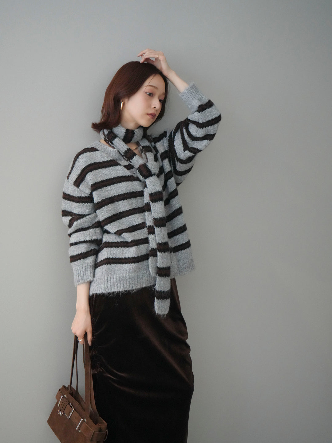 [予約]ボウタイ付きボーダーニットプルオーバー/gray