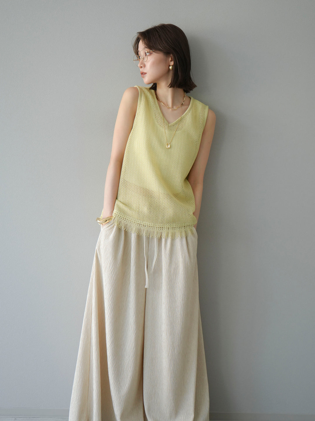 [予約]裾フリンジVネックニットタンクトップアンサンブル/イエロー