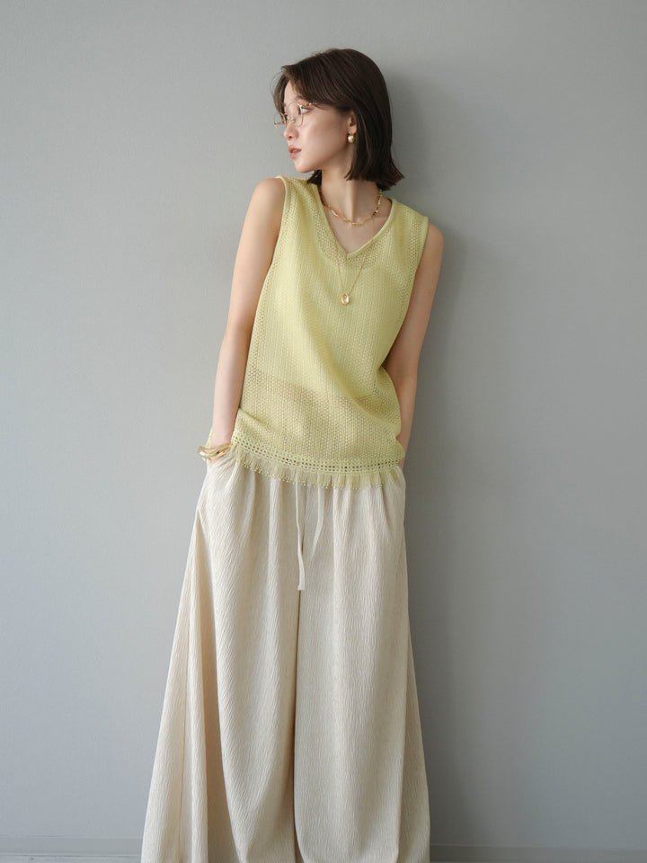 [予約]裾フリンジVネックニットタンクトップアンサンブル/イエロー