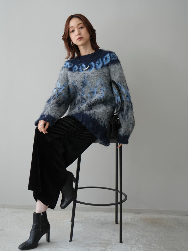 [SET]シャギーニュアンス柄ニットプルオーバー+ギャザーベロアスカート(2set)
