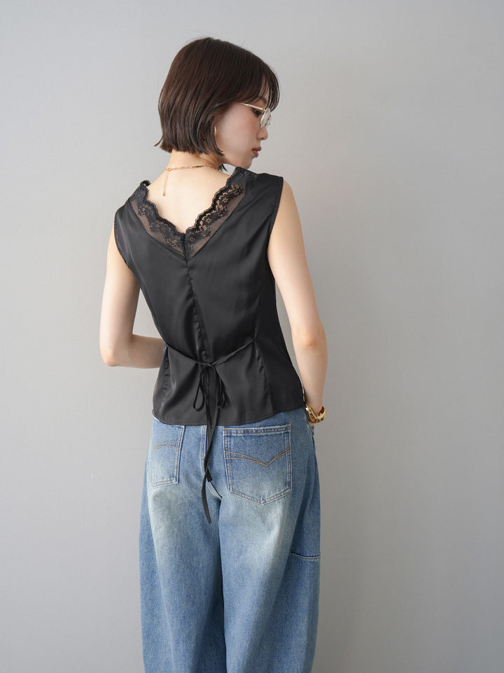 [予約]ノースリサテンレースキャミソール/black