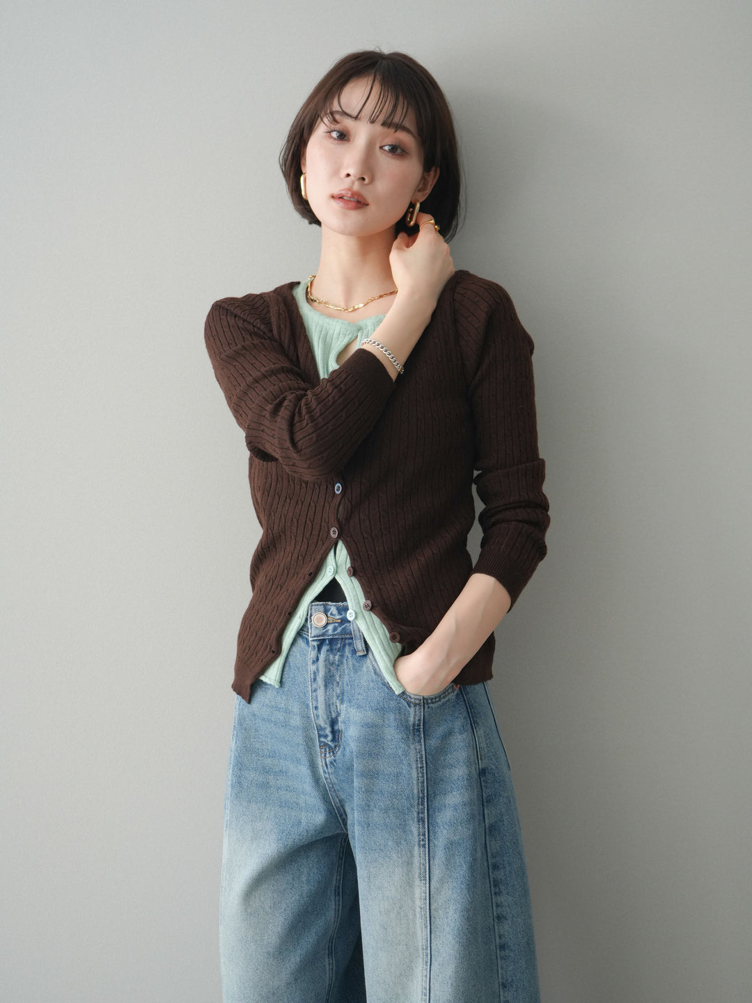 [予約]バイカラーレイヤードニットカーディガン/brown