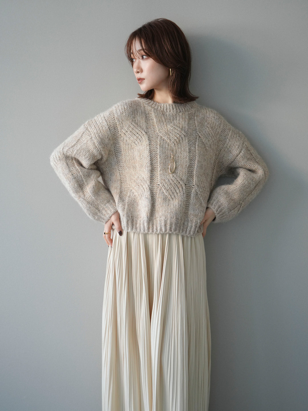 [予約]ワイドケーブルミックスニットプルオーバー/ivory