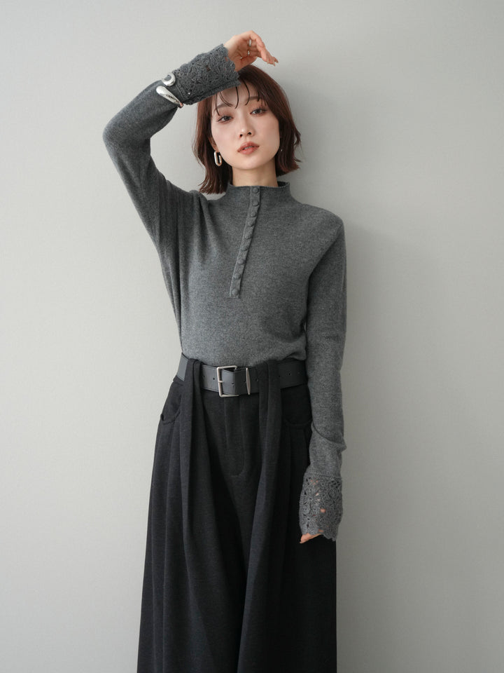 [SET]袖スカラップレースフロントボタンウールニットトップス+袖スカラップレースフロントボタンウールニットトップス(2set)