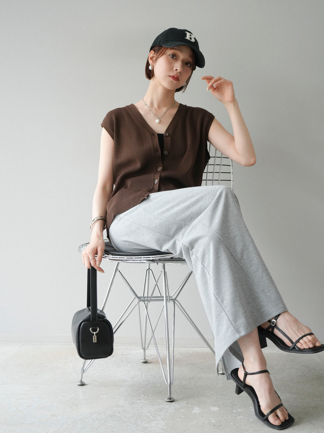 [SET]Vネックレーヨンニットベスト+スウェットロングスカート(2set)