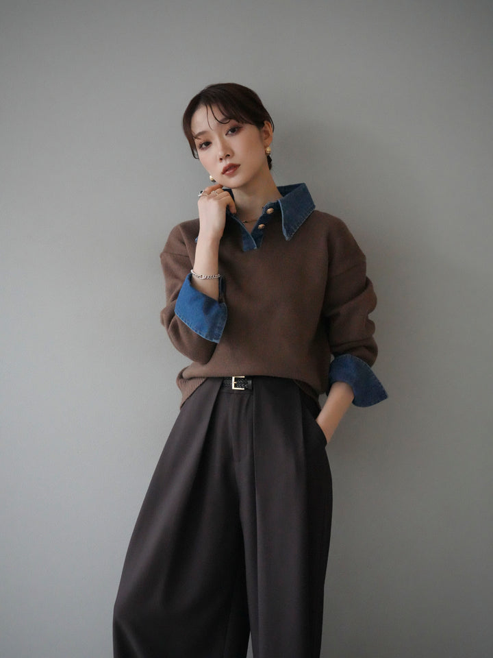 [SET]デニム襟ポロニットプルオーバー+デニム襟ポロニットプルオーバー(2set)