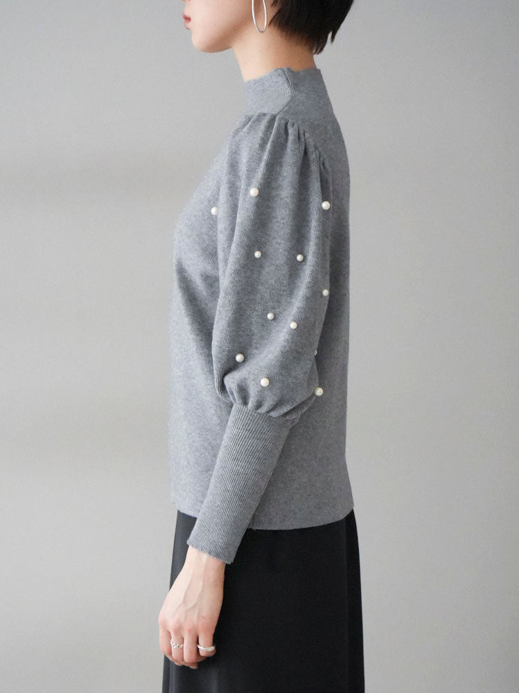 【預訂】捲袖珍珠針織套頭衫/灰色
