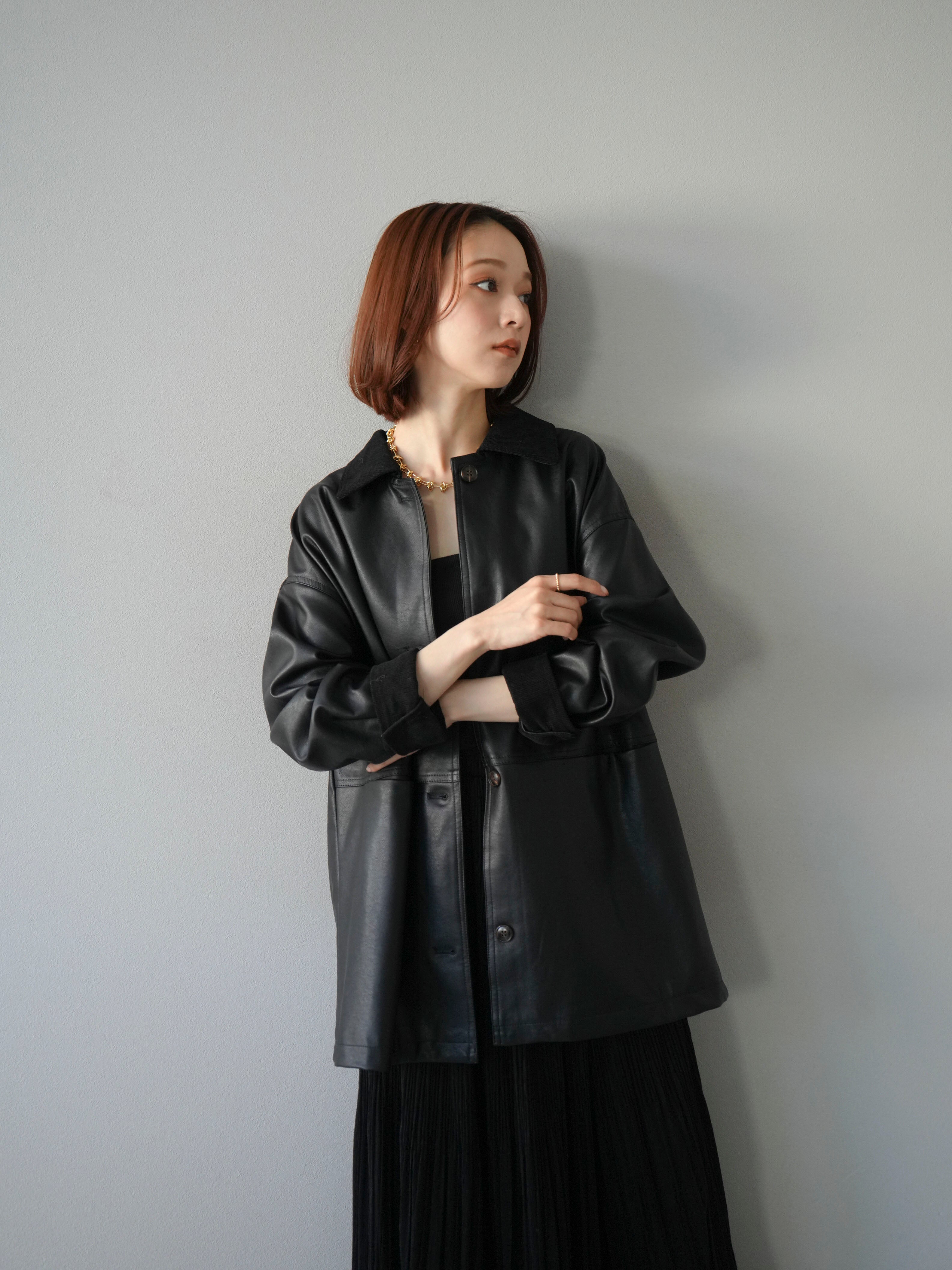 予約]コーデュロイ襟レザーステンカラージャケット/ブラック