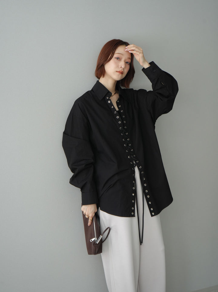 [SET]レースアップブロードシャツ+バイカラー異素材サイドラインライトポンチパンツ(2set)