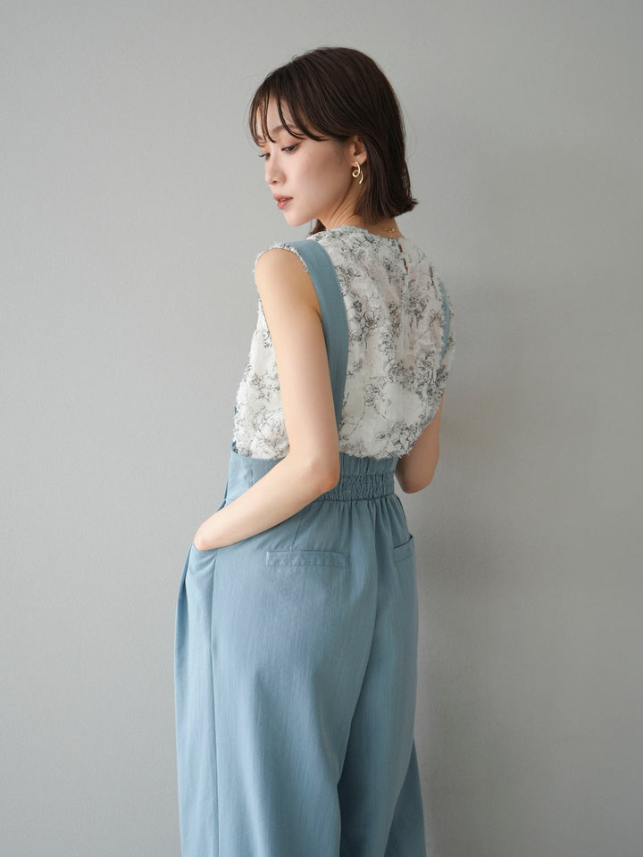 [SET]ストリングデザインハイウエストサロペット+ニュアンスフリンジジャガードノースリーブブラウス(2set)