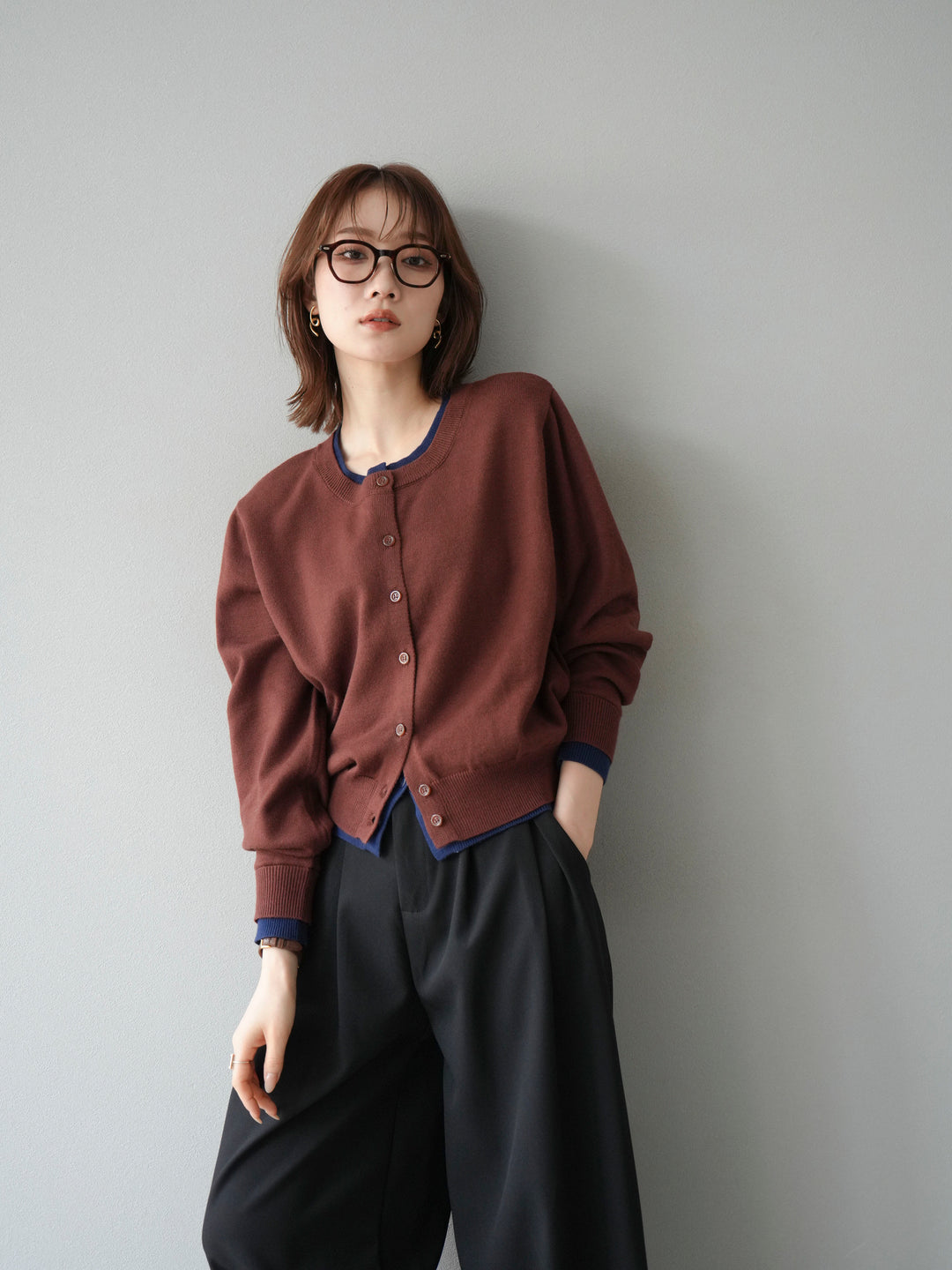 【SET】同色系疊穿開襟衫+雙褶寬褲（2件組）