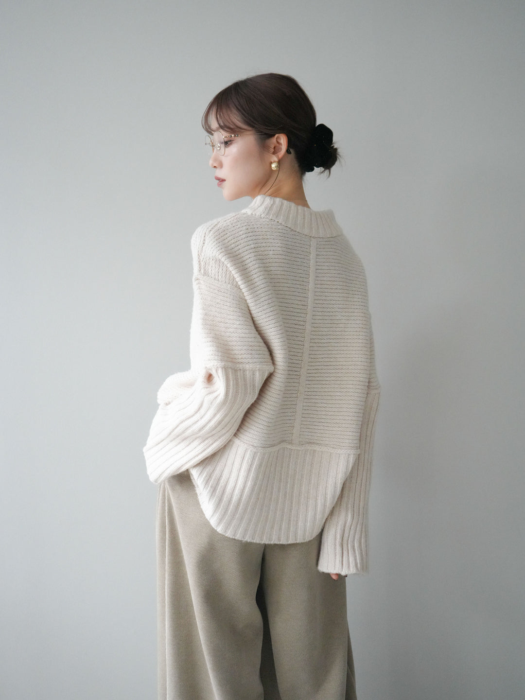 [SET]編み地切替ボトルネックニットプルオーバー+ベルトデザインループコールテンワイドパンツ(ベルト付き)(2set)