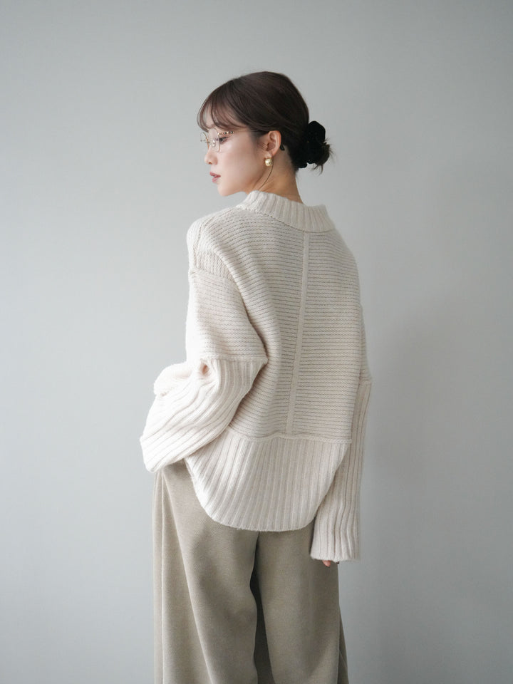 [SET]編み地切替ボトルネックニットプルオーバー+ベルトデザインループコールテンワイドパンツ(ベルト付き)(2set)