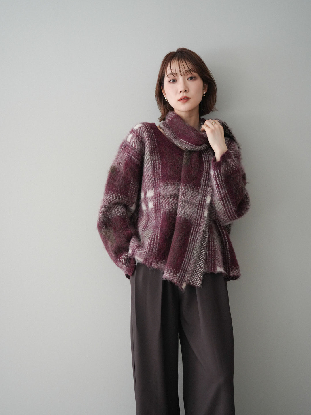 [SET]ストール付シャギーチェックニットプルオーバー+ベルトループデザインワイドパンツ(2set)