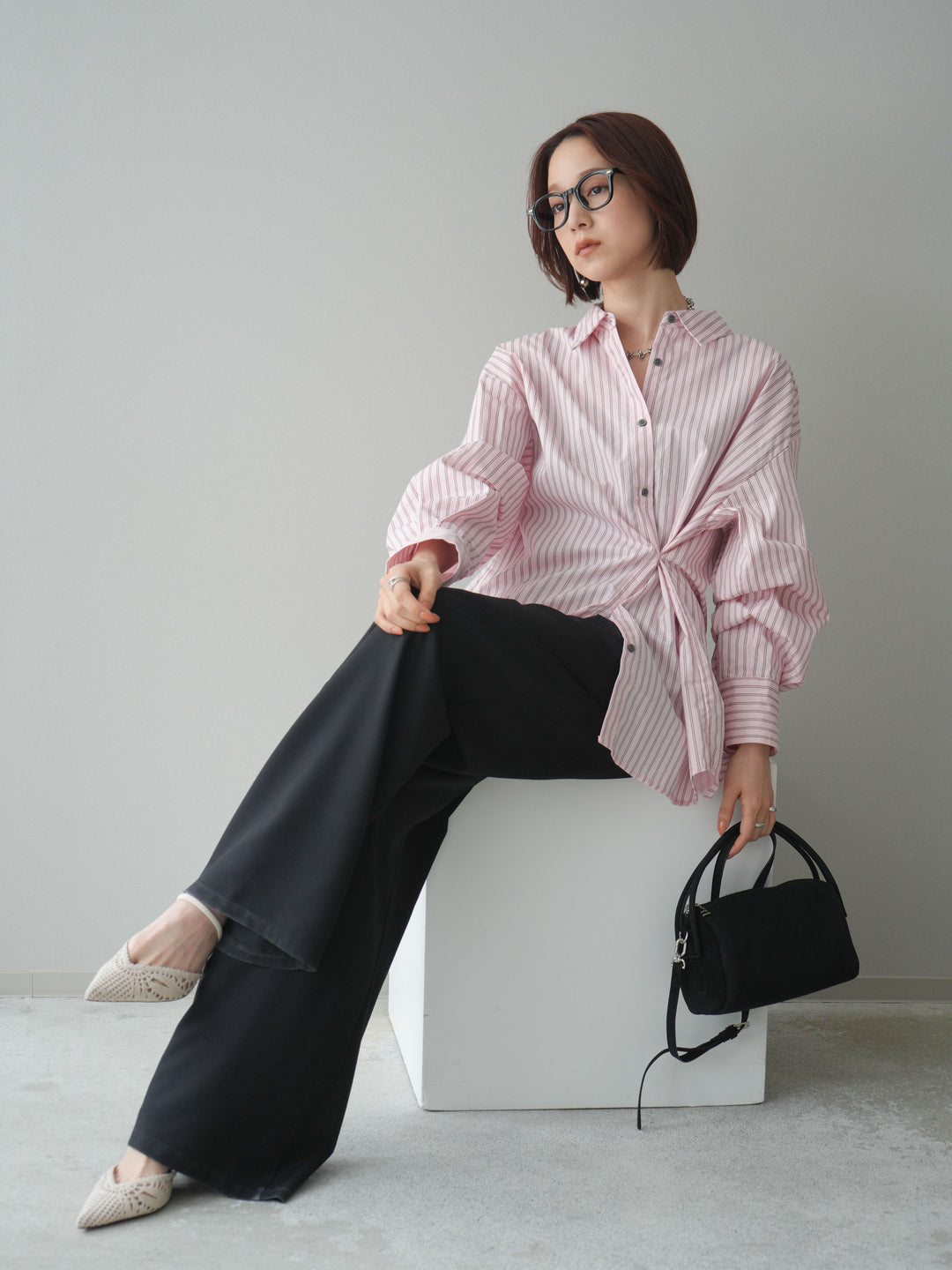 [SET]2wayルーズストライプシャツ+ベルト付キーホルダーモチーフワイドパンツ(2set)