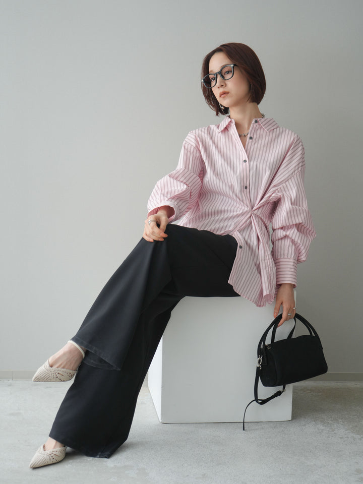 [SET]2wayルーズストライプシャツ+ベルト付キーホルダーモチーフワイドパンツ(2set)