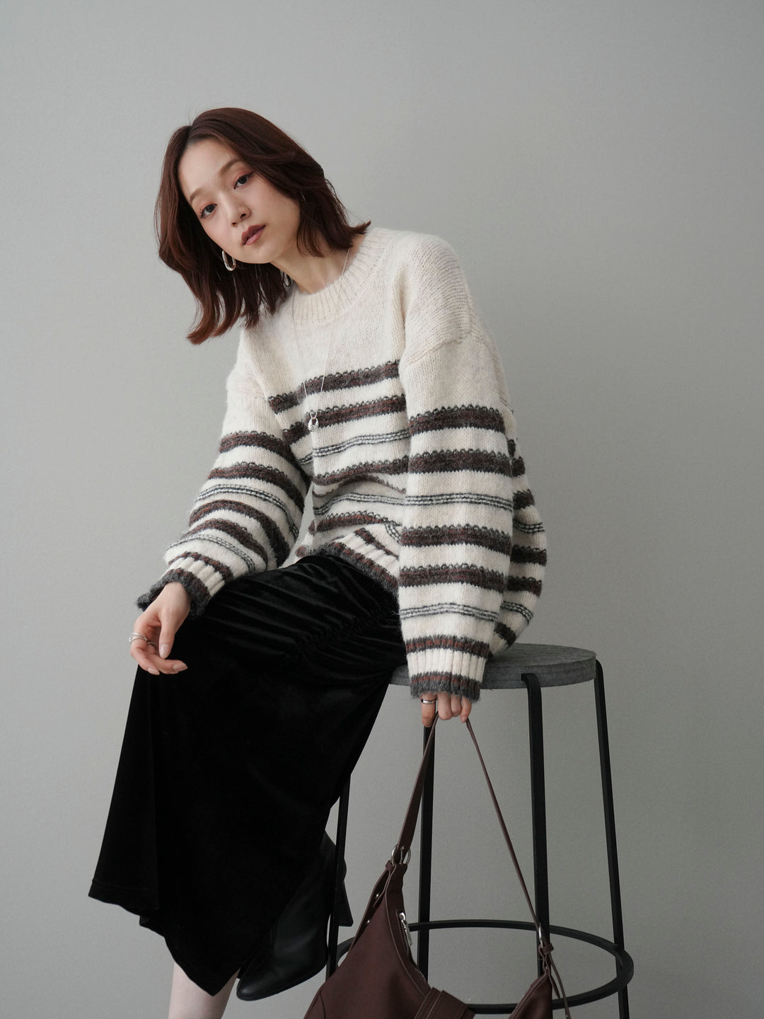 [SET]ステッチボーダーニットプルオーバー+ギャザーベロアスカート(2set)