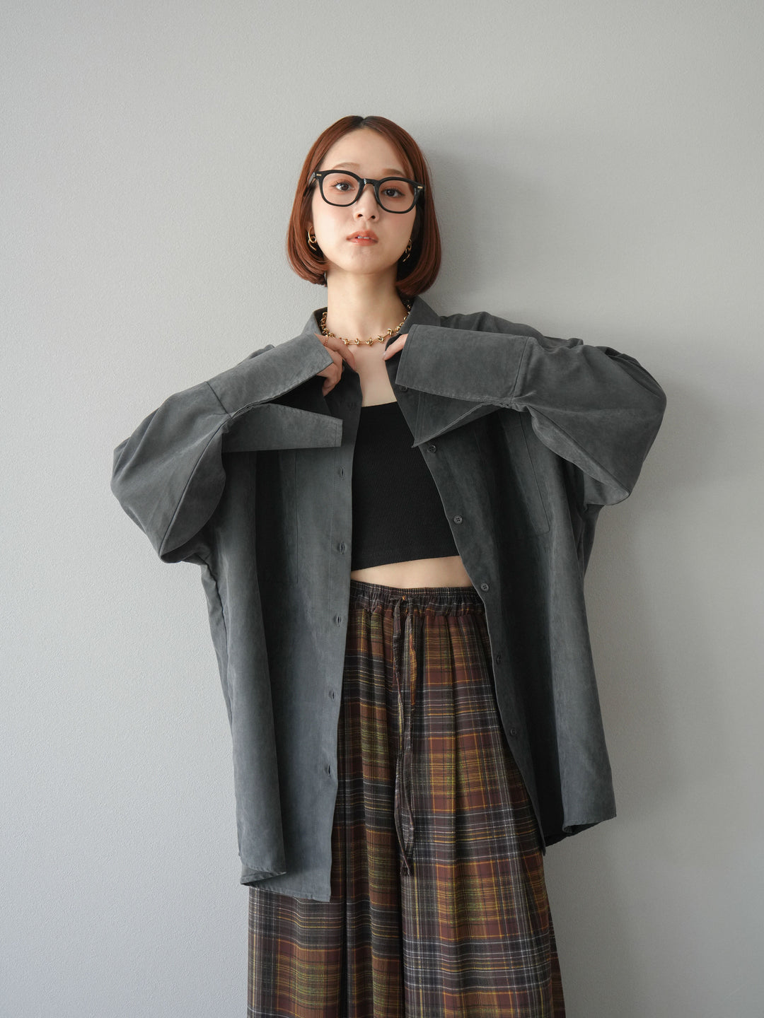 [予約]スエードライクBIGカフスオーバーシャツ/チャコール