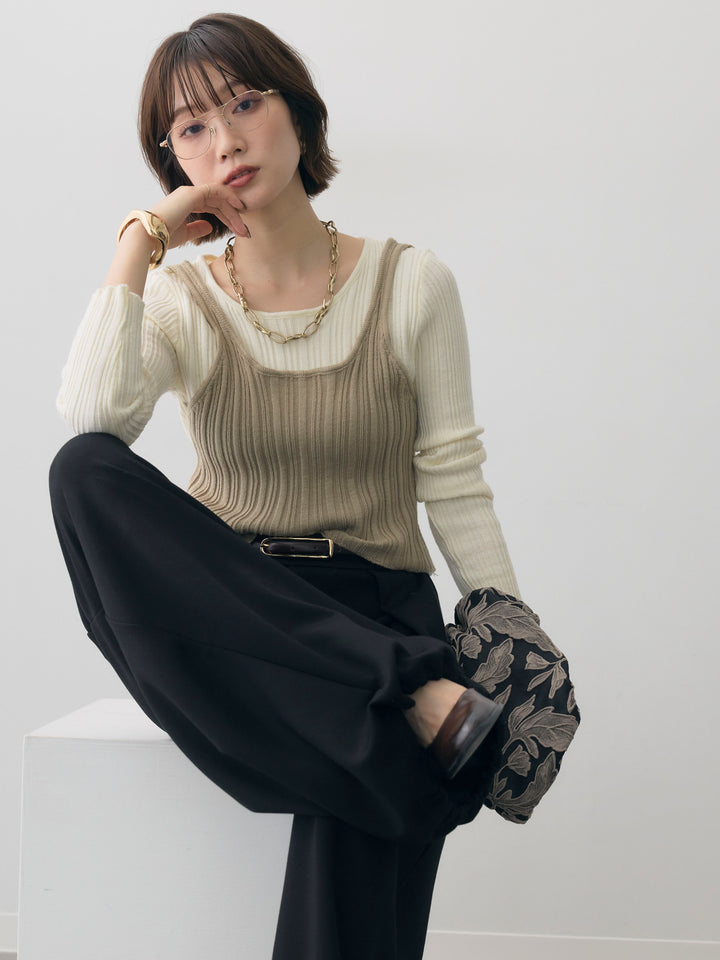 [SET]レイヤードデザインランダムリブニットトップス+ボンディングドロストタックパンツ(2set)