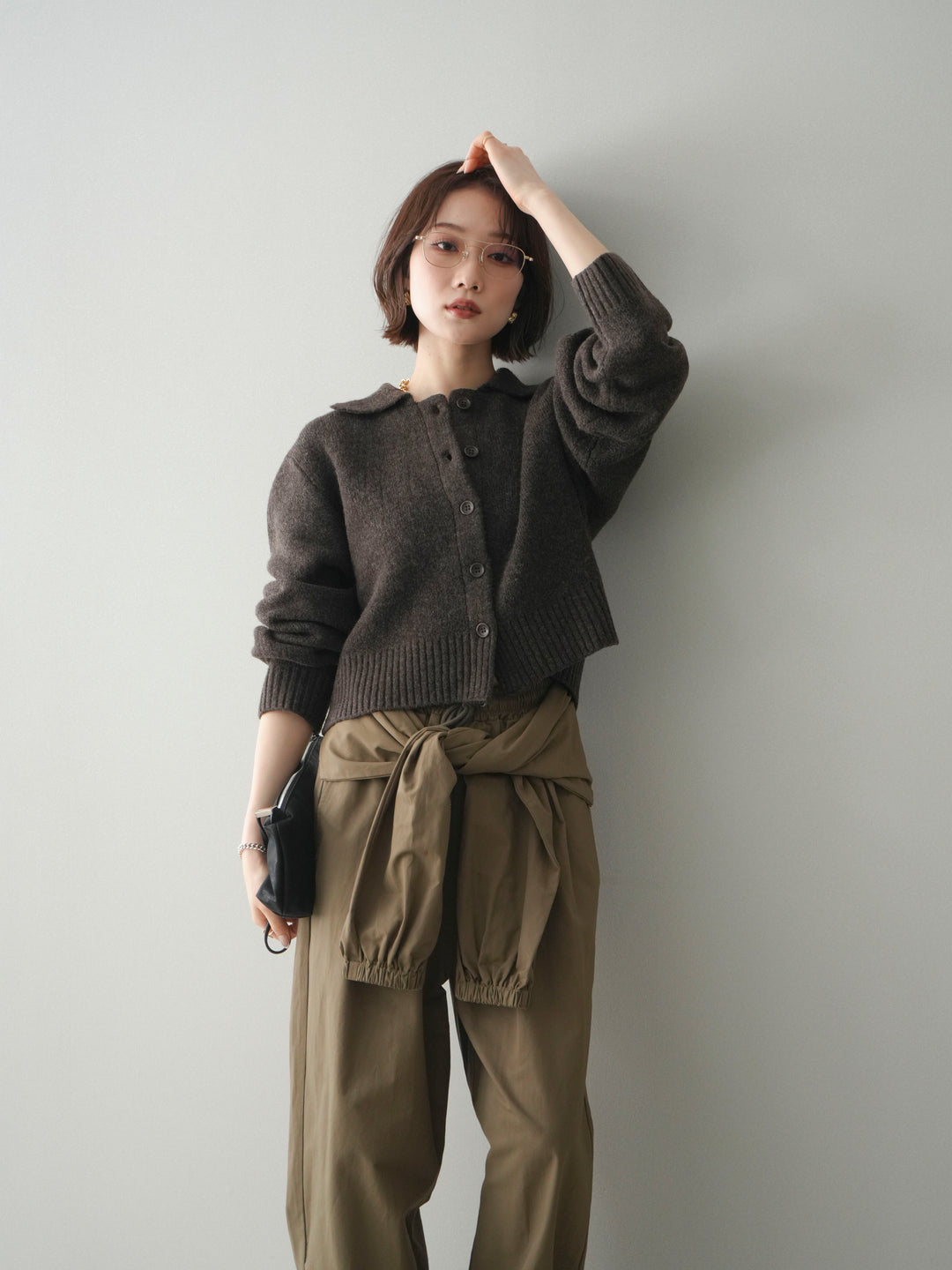 [予約]メランジニット襟付きクロップドカーディガン/brown