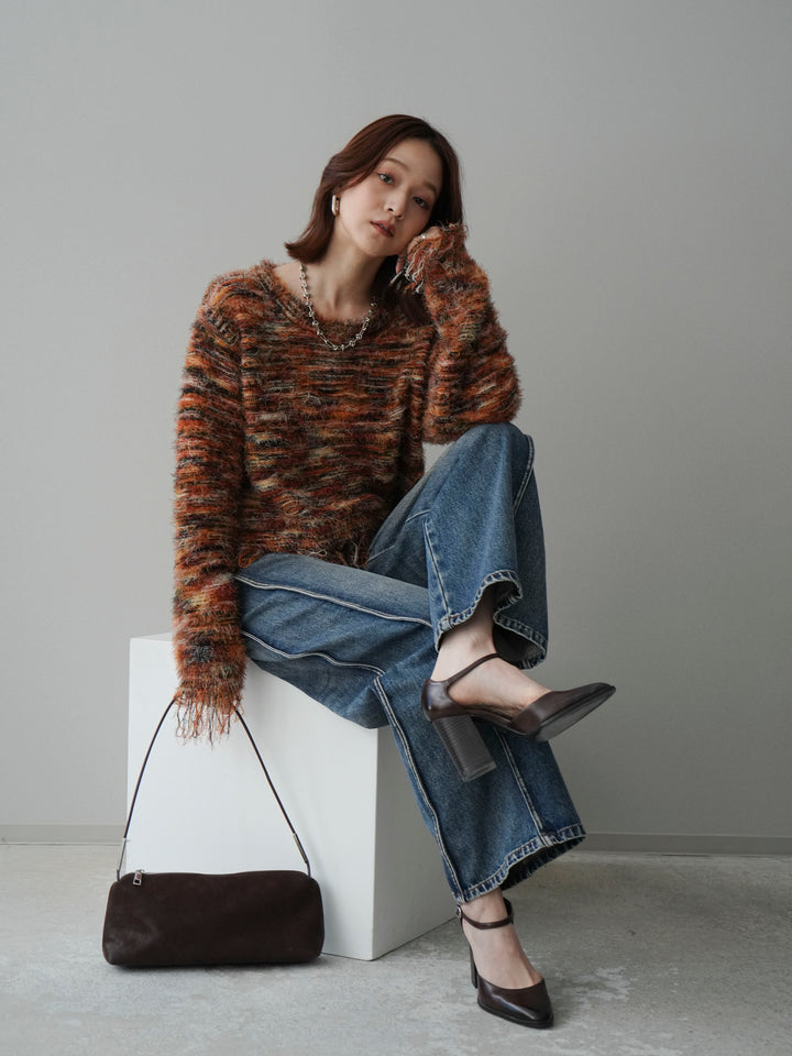 [SET]裾フリンジミックスヤーンシャギープルオーバー+サイド切替カーブデニムパンツ(2set)