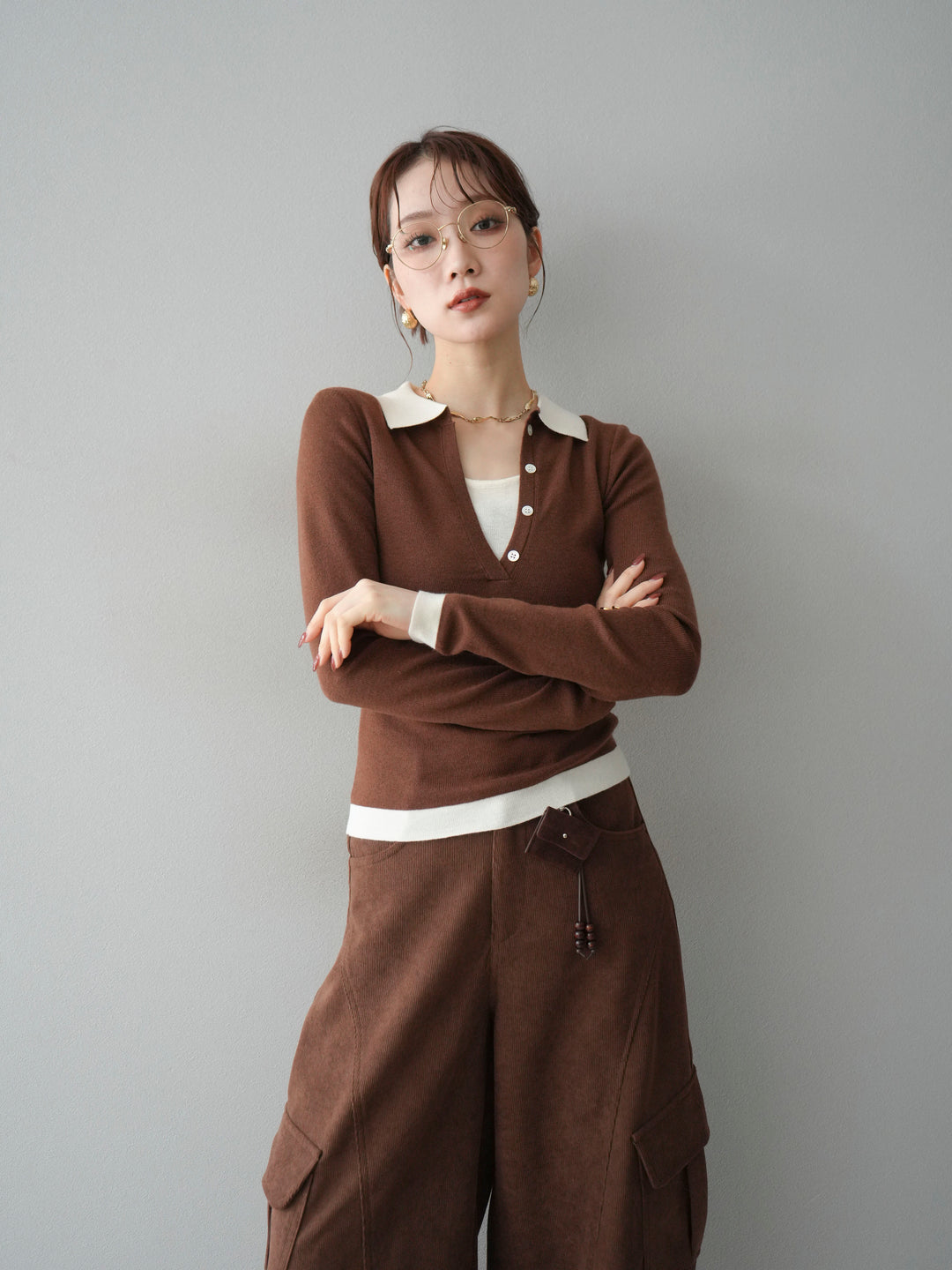 [予約]レイヤード配色ポロニットトップス/brown