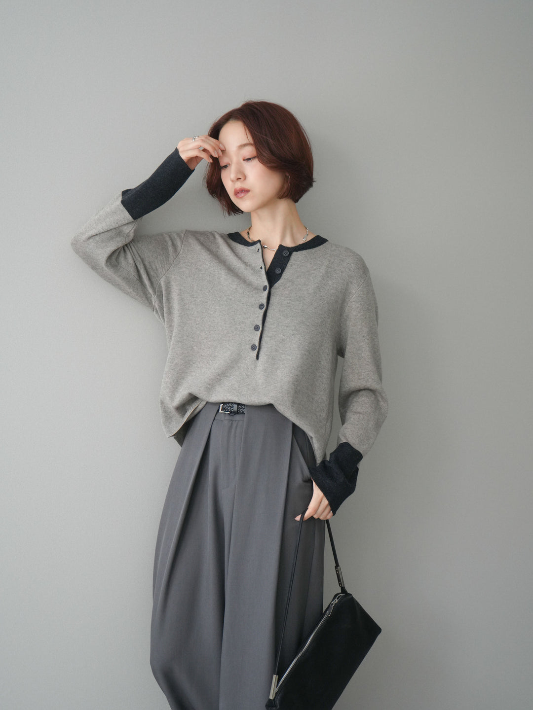 [SET]ヘンリーネック配色ニットソー+ベルトループデザインワイドパンツ(2set)