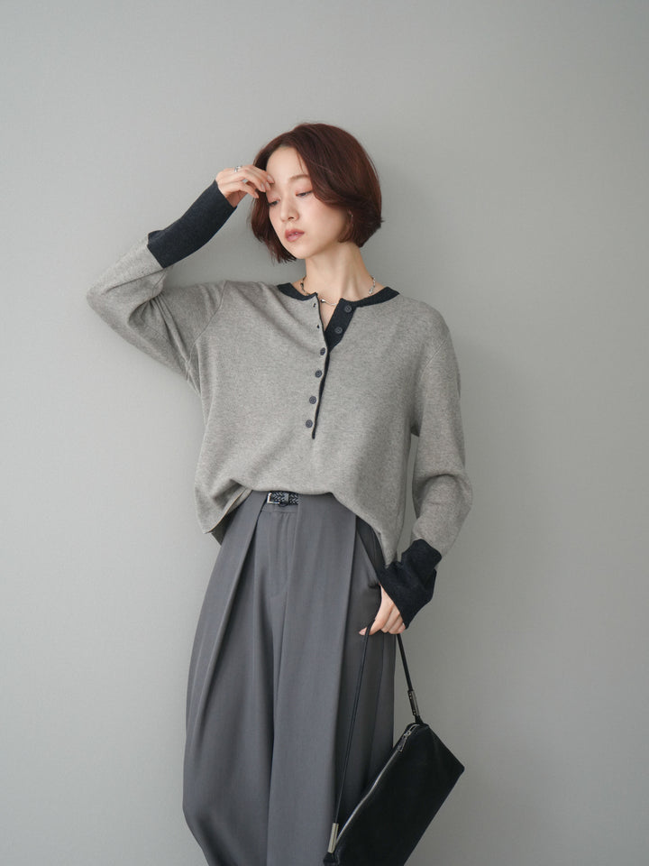 [SET]ヘンリーネック配色ニットソー+ベルトループデザインワイドパンツ(2set)