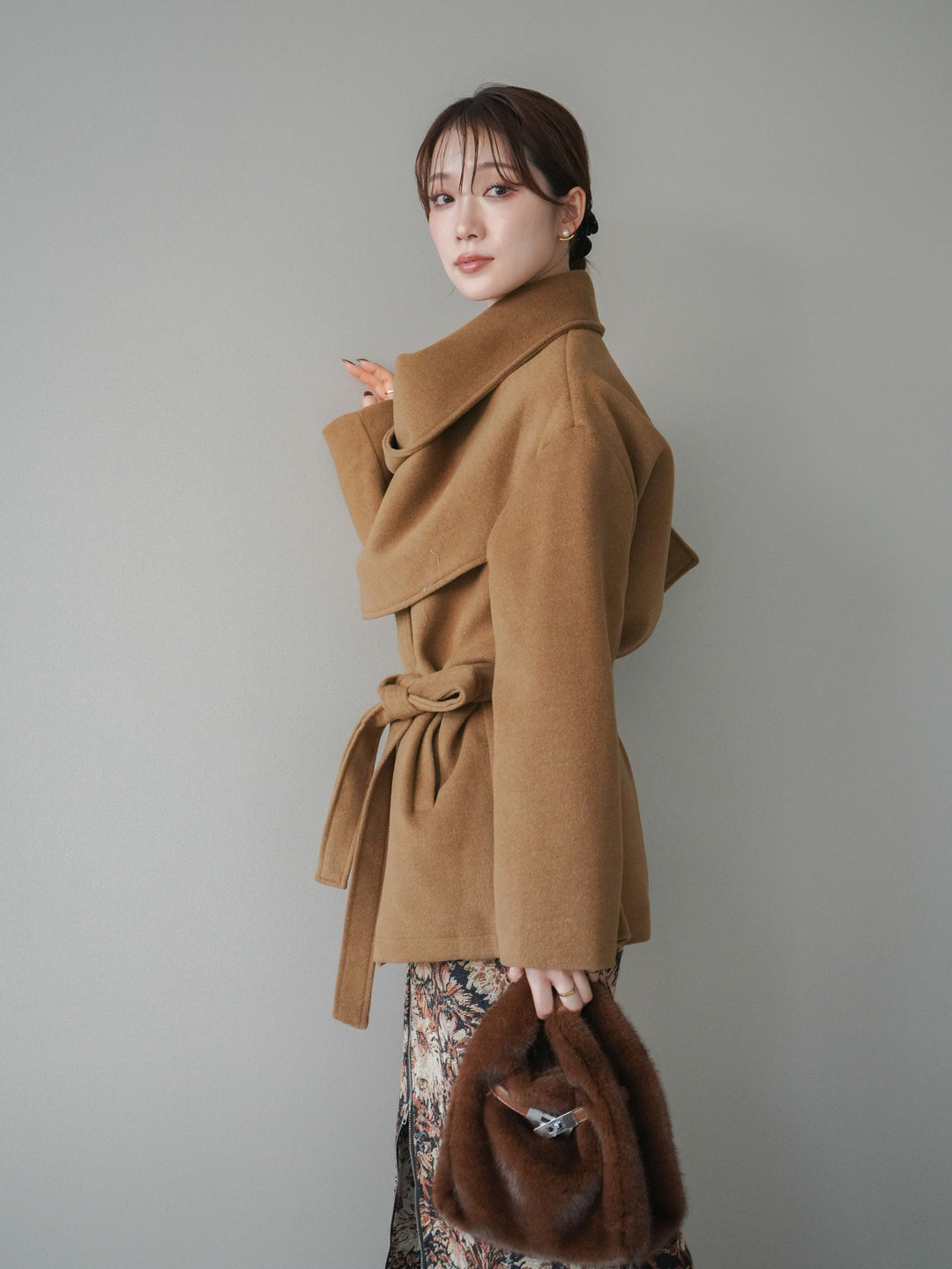 [予約]ストールデザインショートコート/camel