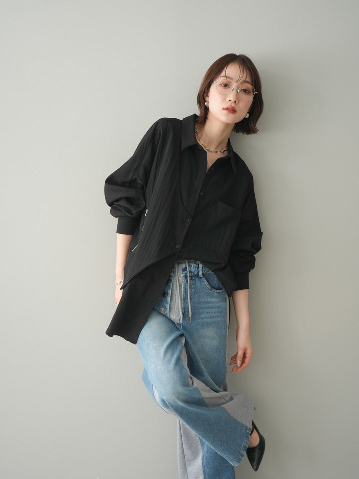 [予約]リブカフスアシンメトリーZIPデザインオーバーシャツ/black