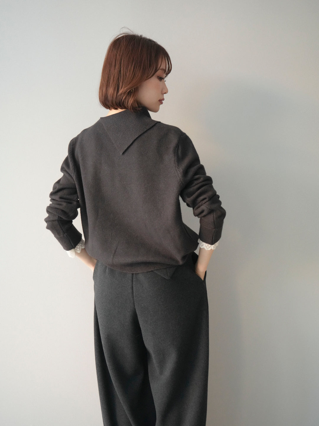 [予約]袖レースパール付き配色ニットトップス/darkbrown