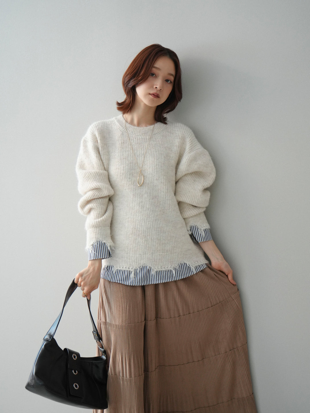 [SET]裾シャツレイヤードダメージニットプルオーバー+裾シャツレイヤードダメージニットプルオーバー(2set)