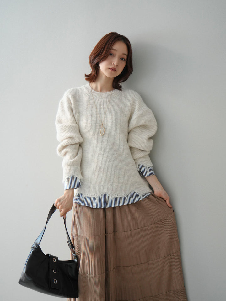 [SET]裾シャツレイヤードダメージニットプルオーバー+裾シャツレイヤードダメージニットプルオーバー(2set)