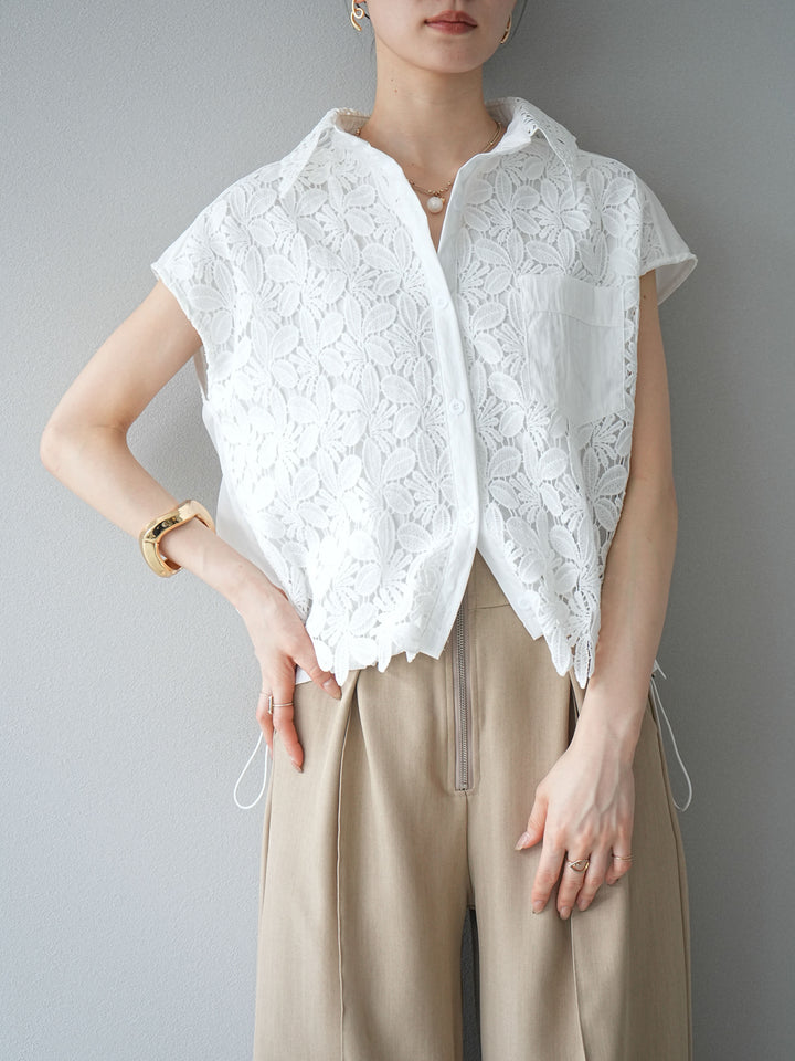 【預購】蕾絲分層抽繩襯衫/白色
