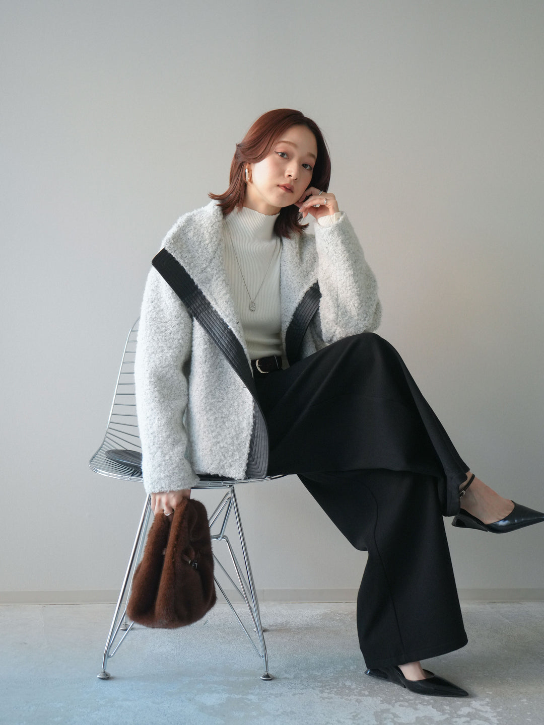 [SET]レザー切替ブークレブルゾン+袖ボタンボトルネックリブニットトップス+アニマル柄ベルト付きウールタッチワイドパンツ(3set)