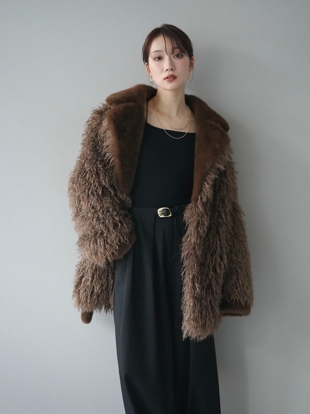 [予約]異素材ファー×ムートンコート/brown