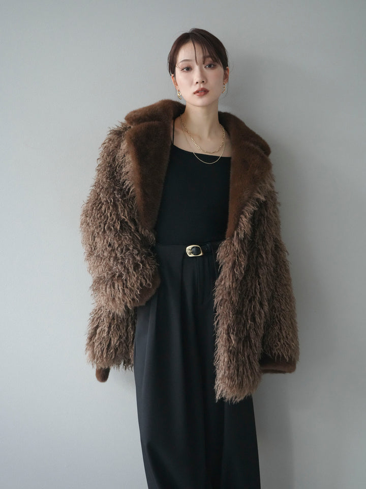[予約]異素材ファー×ムートンコート/brown