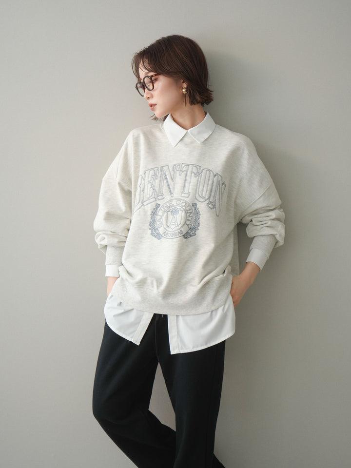[SET]カレッジロゴ刺繍BIGスウェットプルオーバー+ボウタイ付オーバーシャツ(2set)
