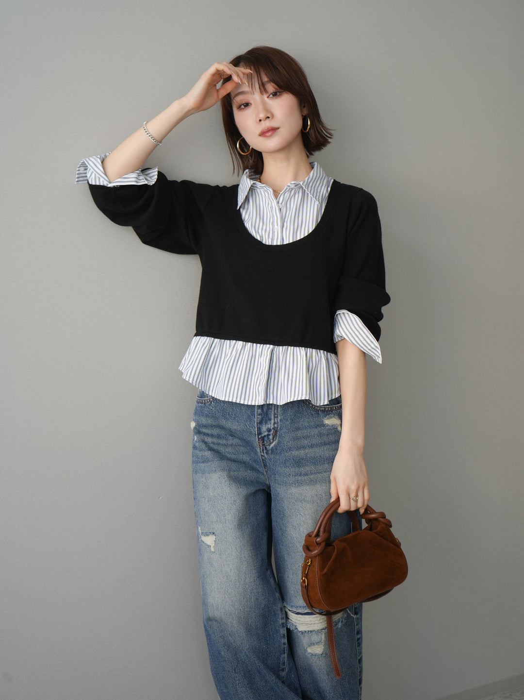 [予約]ストライプシャツUネックドッキングニットプルオーバー/blackoffstripe