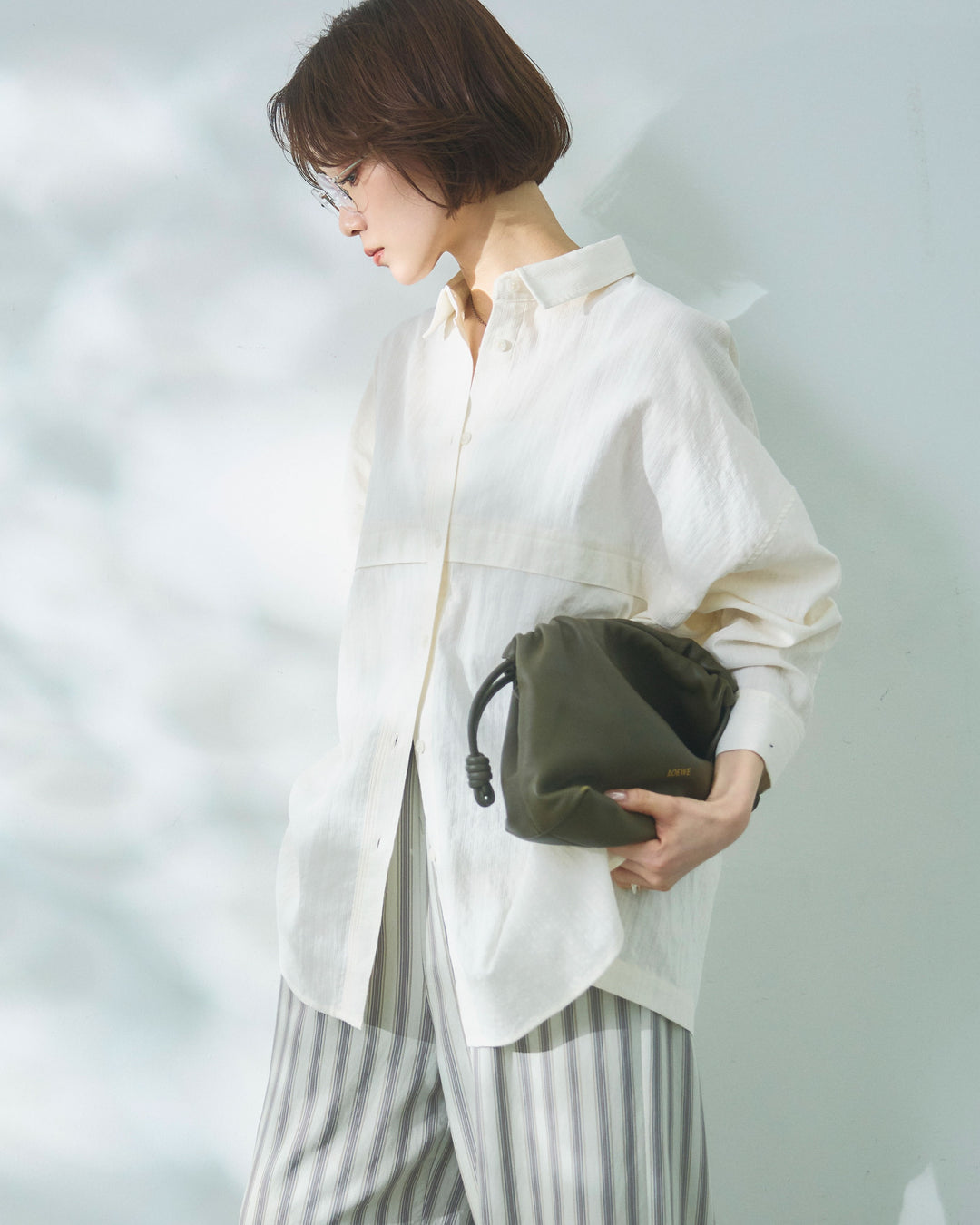 【Allure】[SET]スプリングスラブワイドシャツ+ストライプイージーパンツ(2set)