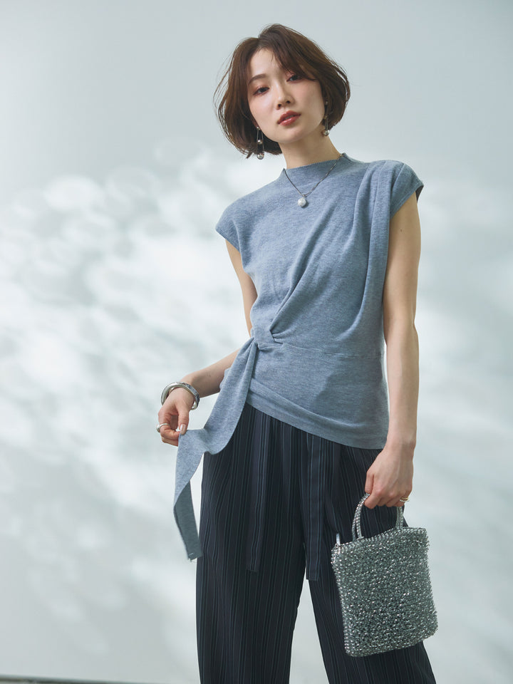 【Allure】[SET]サイドベルトボトルネックノースリーブニットトップス+ストライプイージーパンツ(2set)